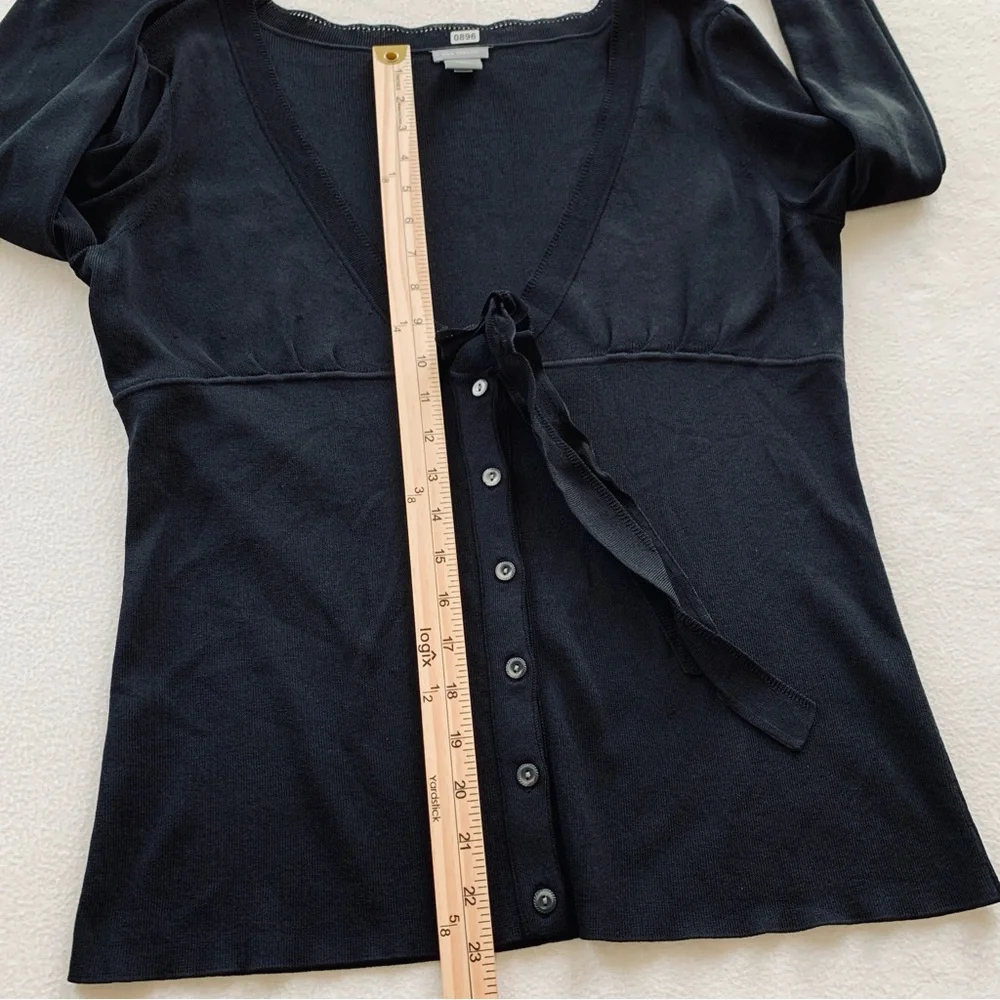Ann Taylor Womens 3/4 Sleeve V Neck Button Bow Tie Sweater Cardigan Black Size M